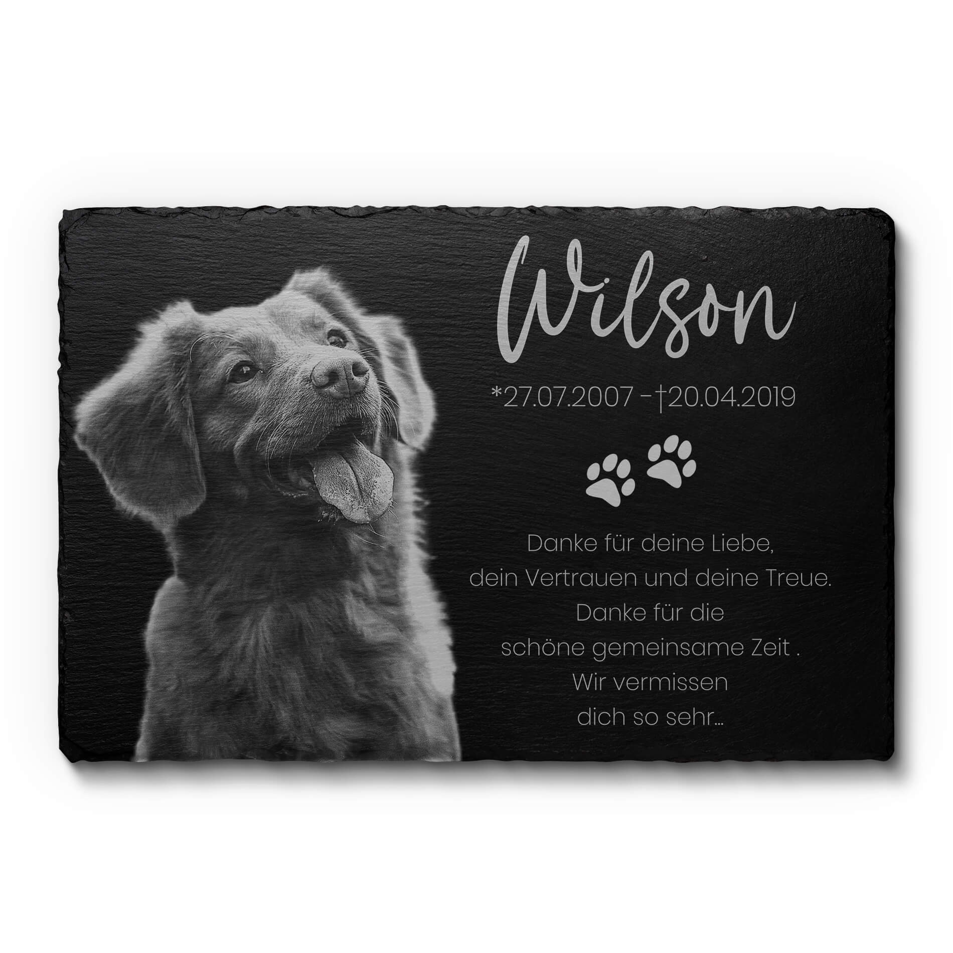 Tier Andenken Schiefer mit Fotogravur 30x20 cm - Gedenktafel Hund Katze mit Foto und Namen