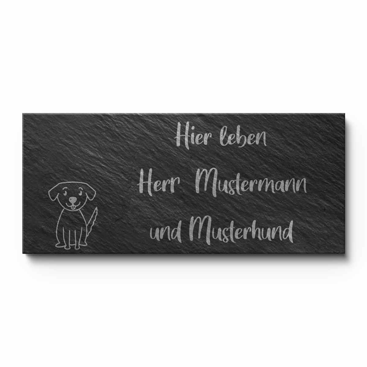 Türschild aus Schiefer mit zwei Hunde-Silhouetten und individueller Namensgravur
