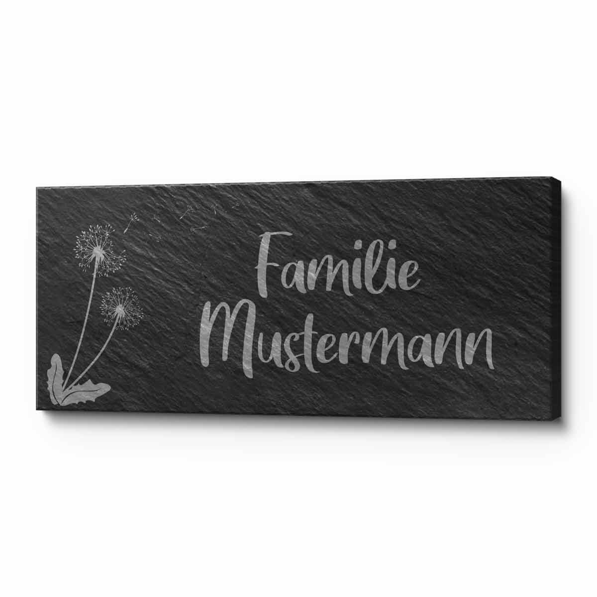 Türschild aus Schiefer mit Pusteblumen-Motiv und individueller Namensgravur für die Haustür
