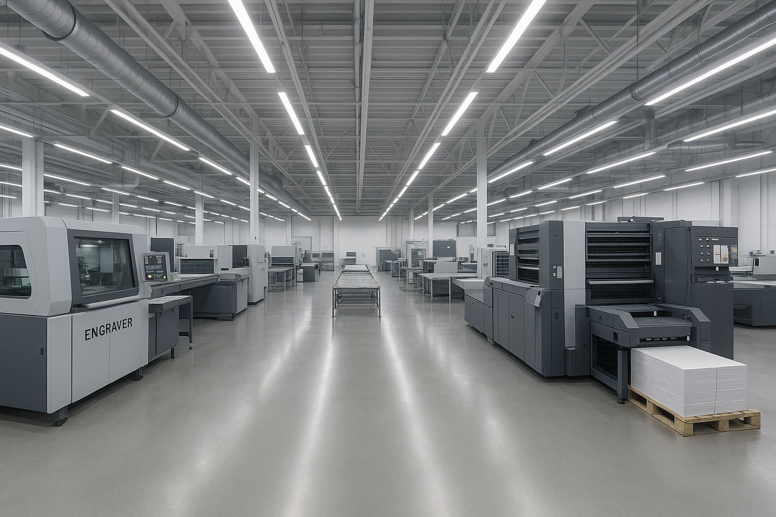 Weitwinkel Bild von moderner Gravur und Druck Fabrik von inner mit weißem Licht ohne Menschen